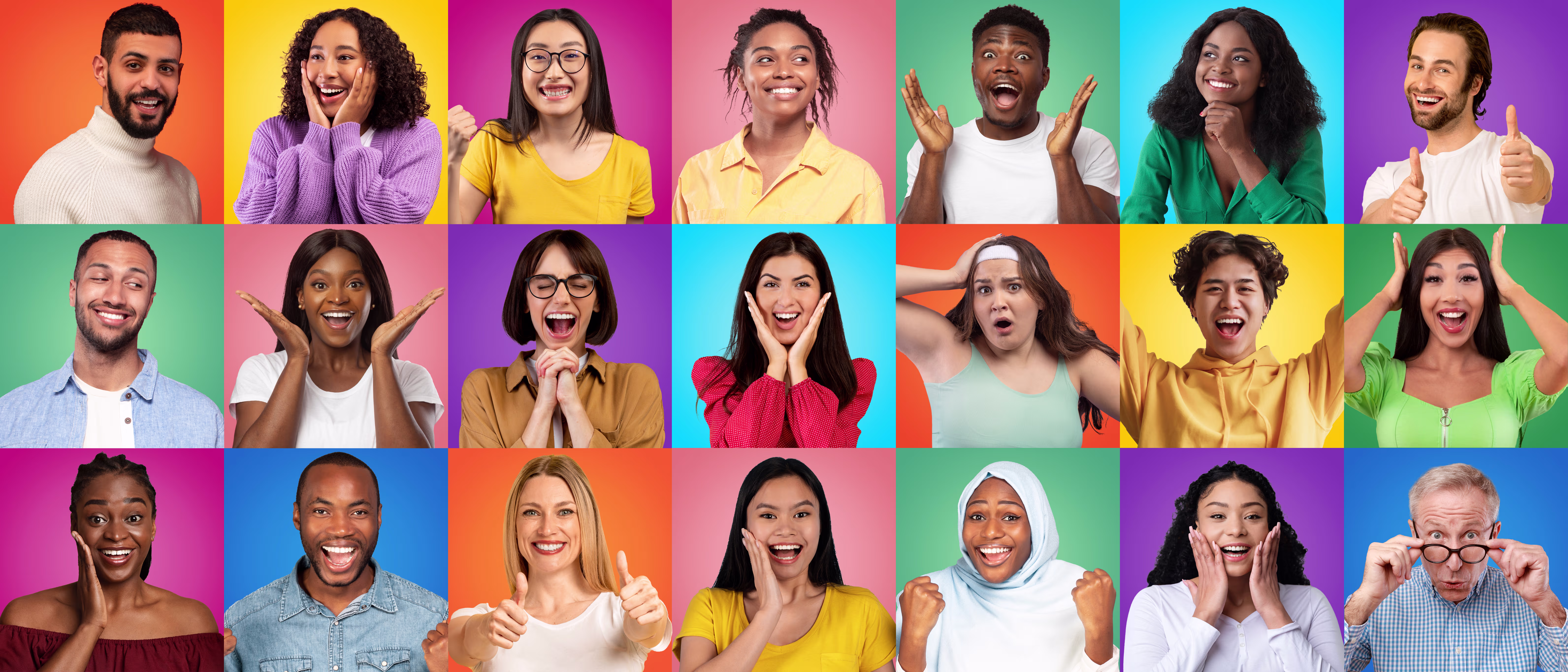 A variety of people expressing a variety of emotions against coloured backgrounds