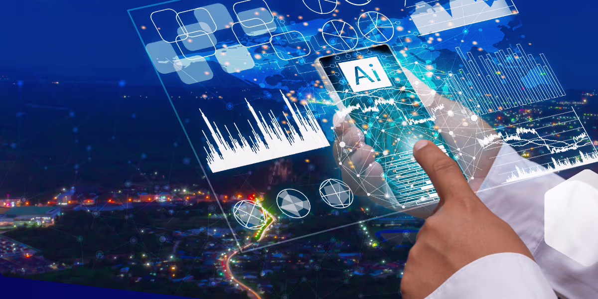 A person interacts with a smartphone displaying 'AI,' surrounded by futuristic digital interface elements like graphs and data visualizations, against a nighttime cityscape