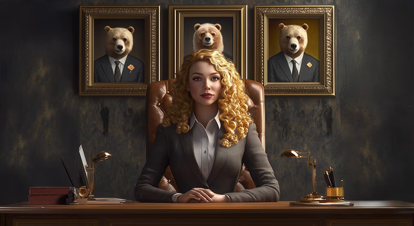 A confident woman in a suit sits at a desk. Behind her on the wall are three framed pictures of bears in business suits.