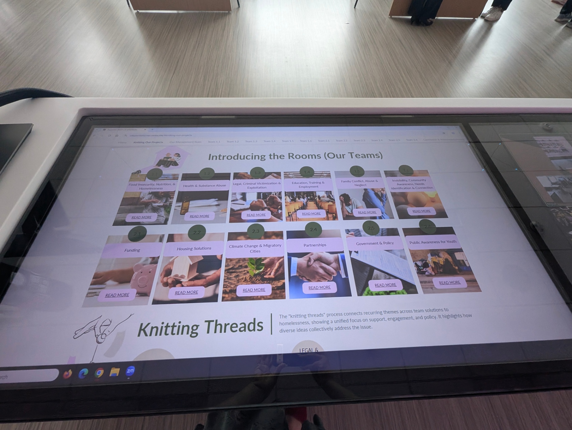 Interactive screen displaying the 12 teams and project topics from the C4 course on homelessness.