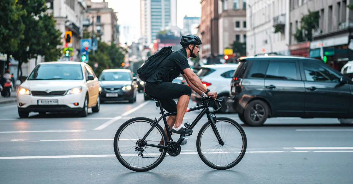 cyclist in city wearing helmet