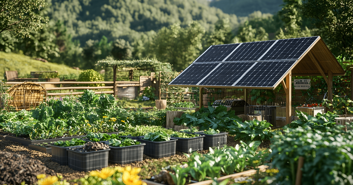 small garden with solar panels on shed roof