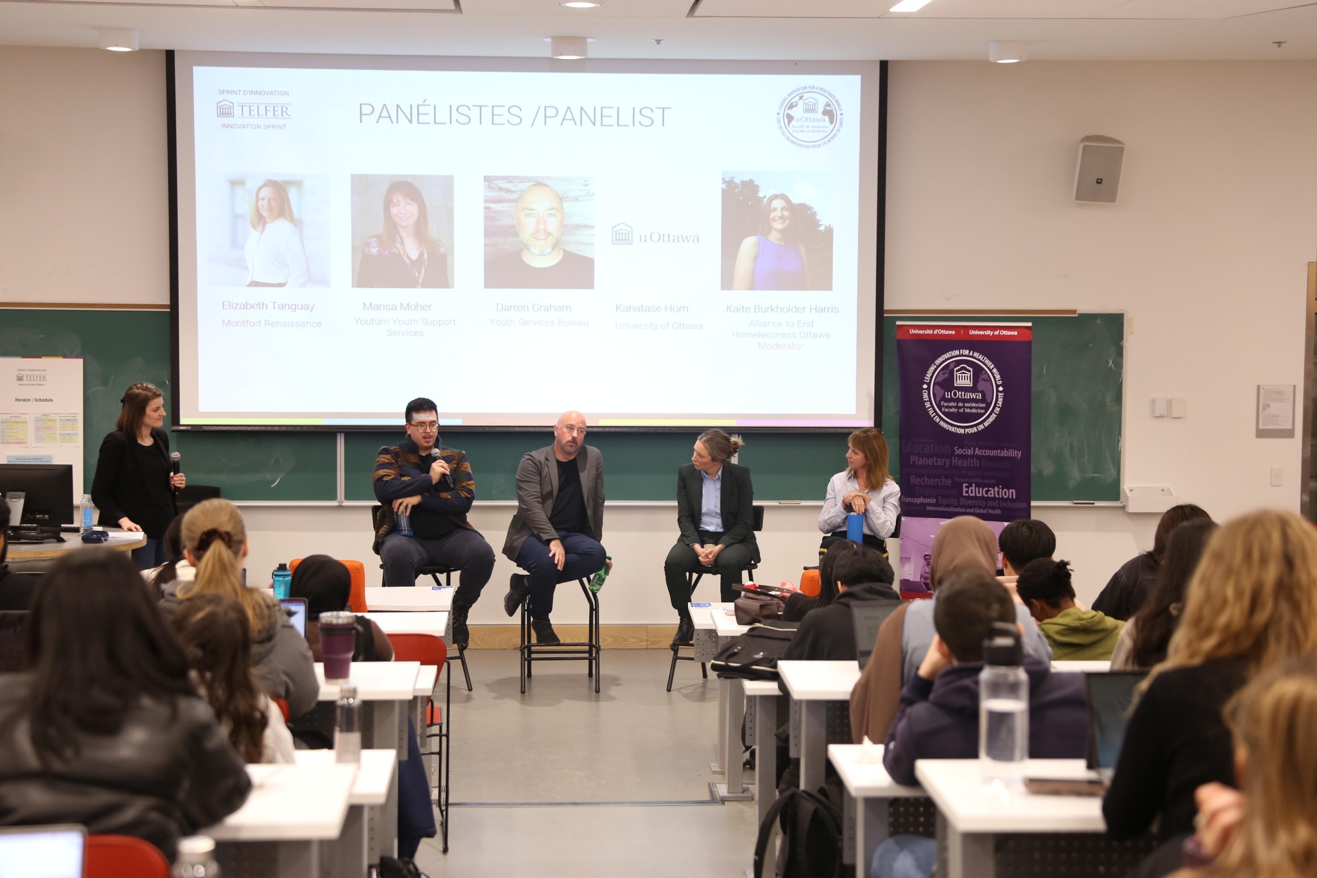 Kaite Burkholder Harris (left) guides the opening discussion on the causes of youth homelessness with community partners and uOttawa criminologist Kanatase Horn (second from left)