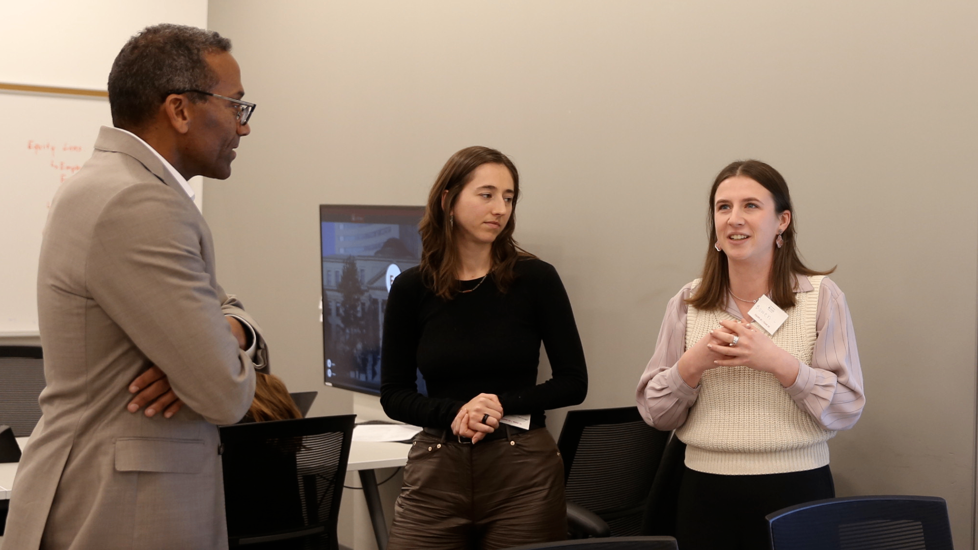 Telfer Dean St&eacute;phane Brutus listens to a pitch