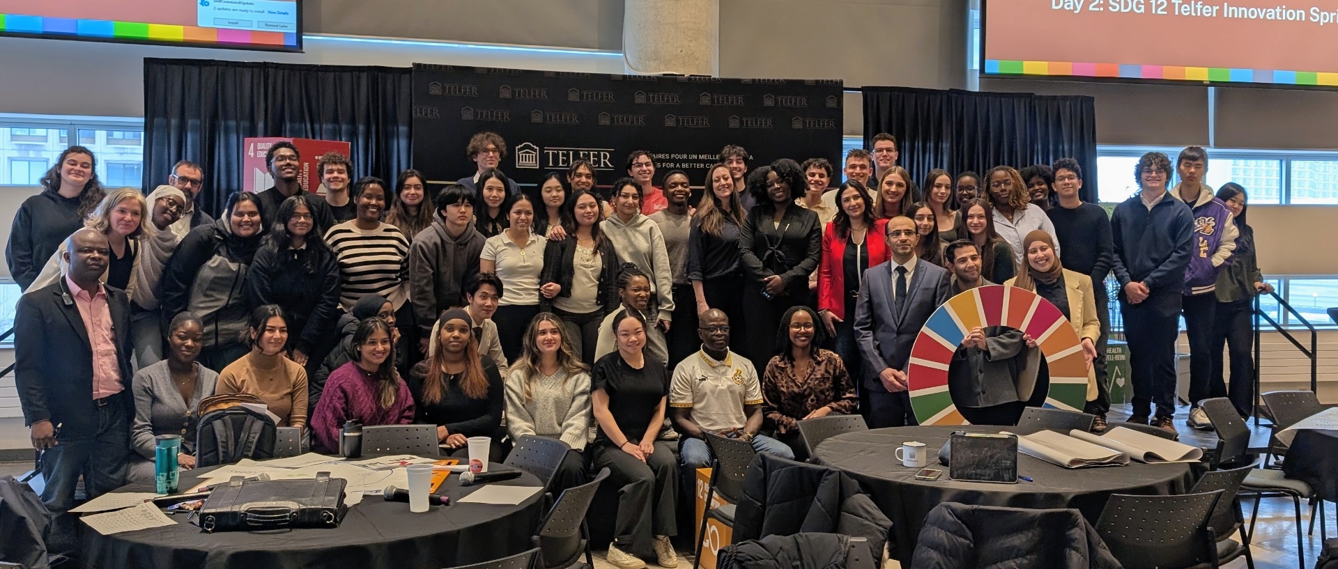 Large group of students, faculty, and partners gathered at the Telfer Innovation Sprint on SDG 12.