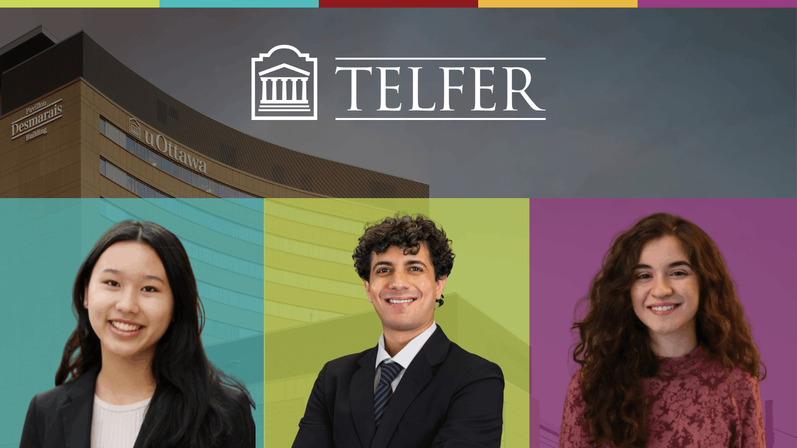 Bannière présentant côte à côte les portraits professionnels des deux majores et du major de promotion 2026 de Telfer, en célébration de leurs remarquables réussites académiques