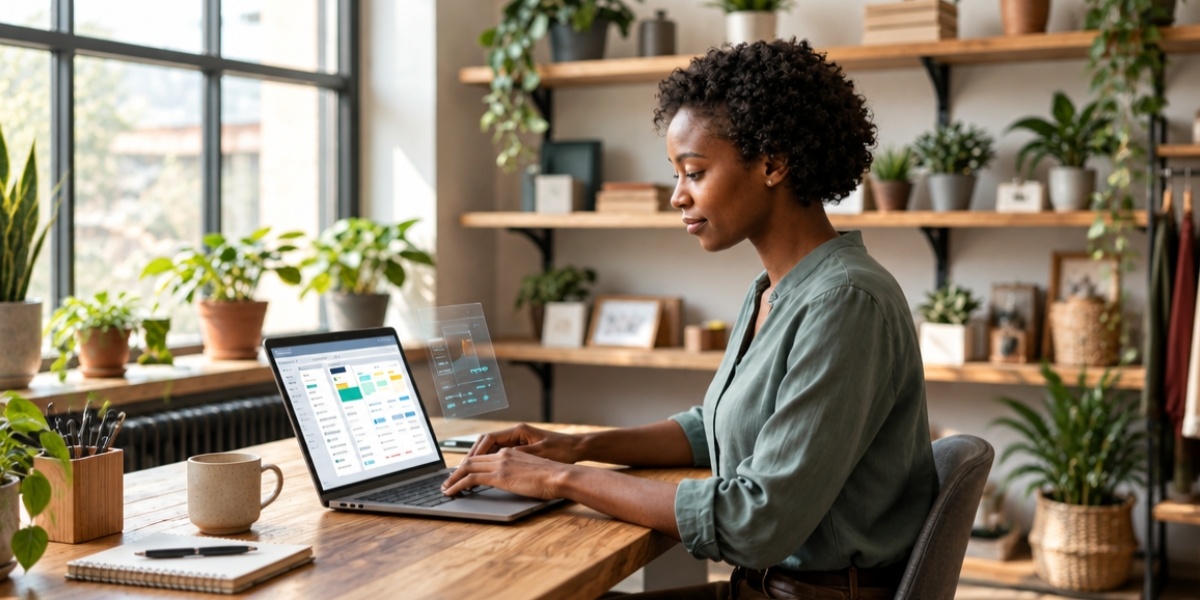 woman using laptop in her shop