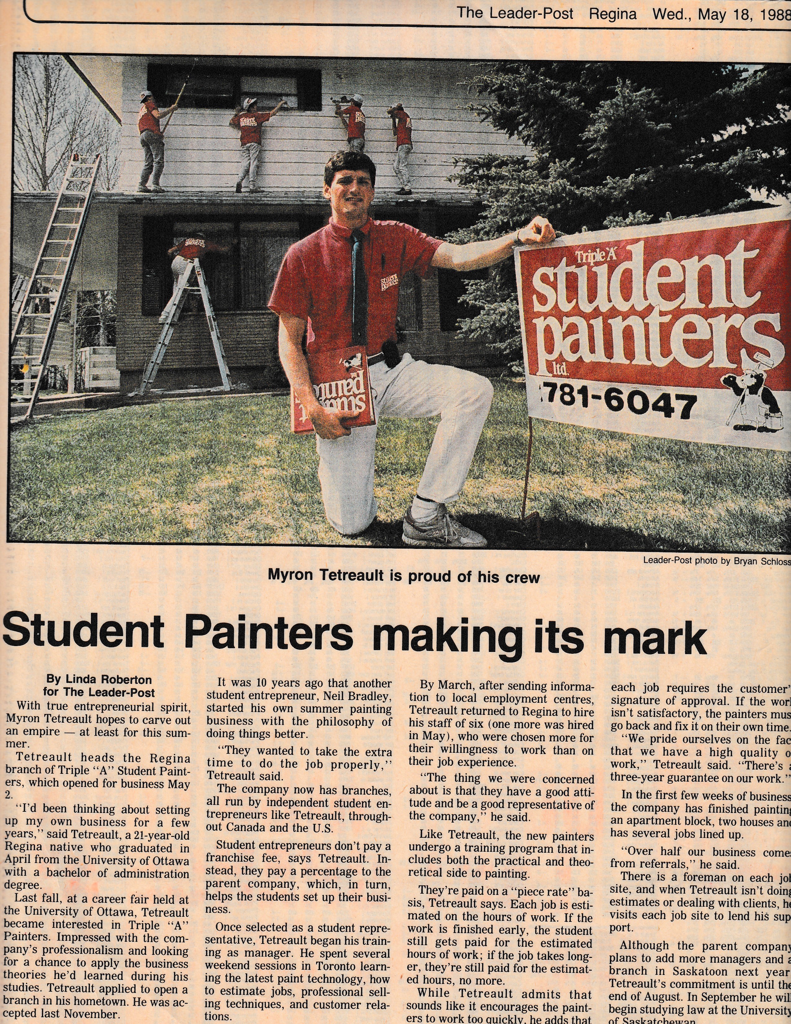 Newspaper excerpt of a young Myron Tetreault kneeling by a "Student Painters" sign with his crew painting behind him.