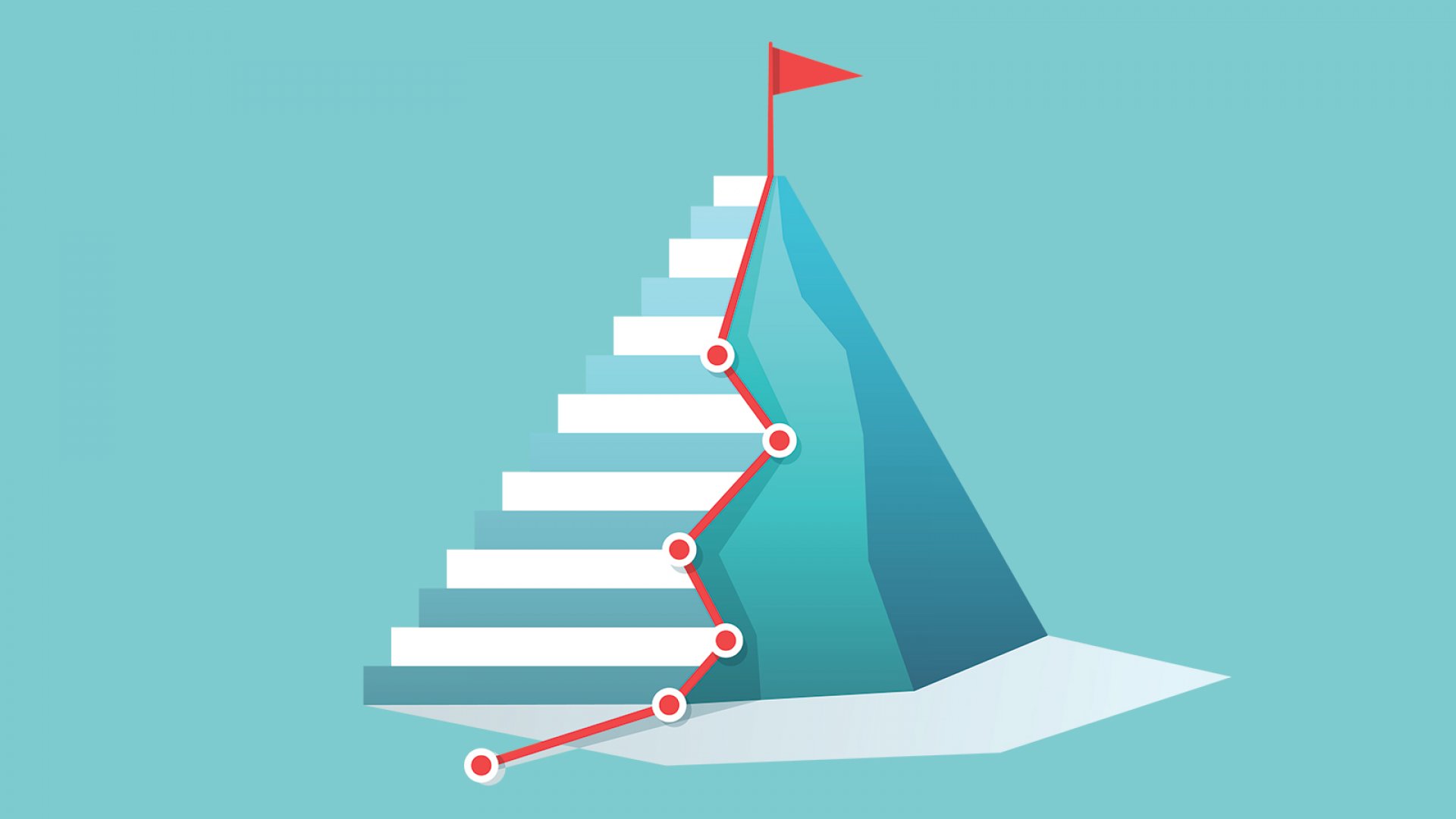 A digital drawing of 14 steps of a narrowing staircase with red connecting lines leading to a red flag