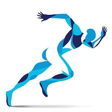 A digital drawing of a man taking off running coloured in 3 shades of blue.