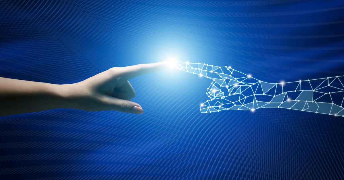 A hand reaching out to touch the finger of an animated hand, representing AI