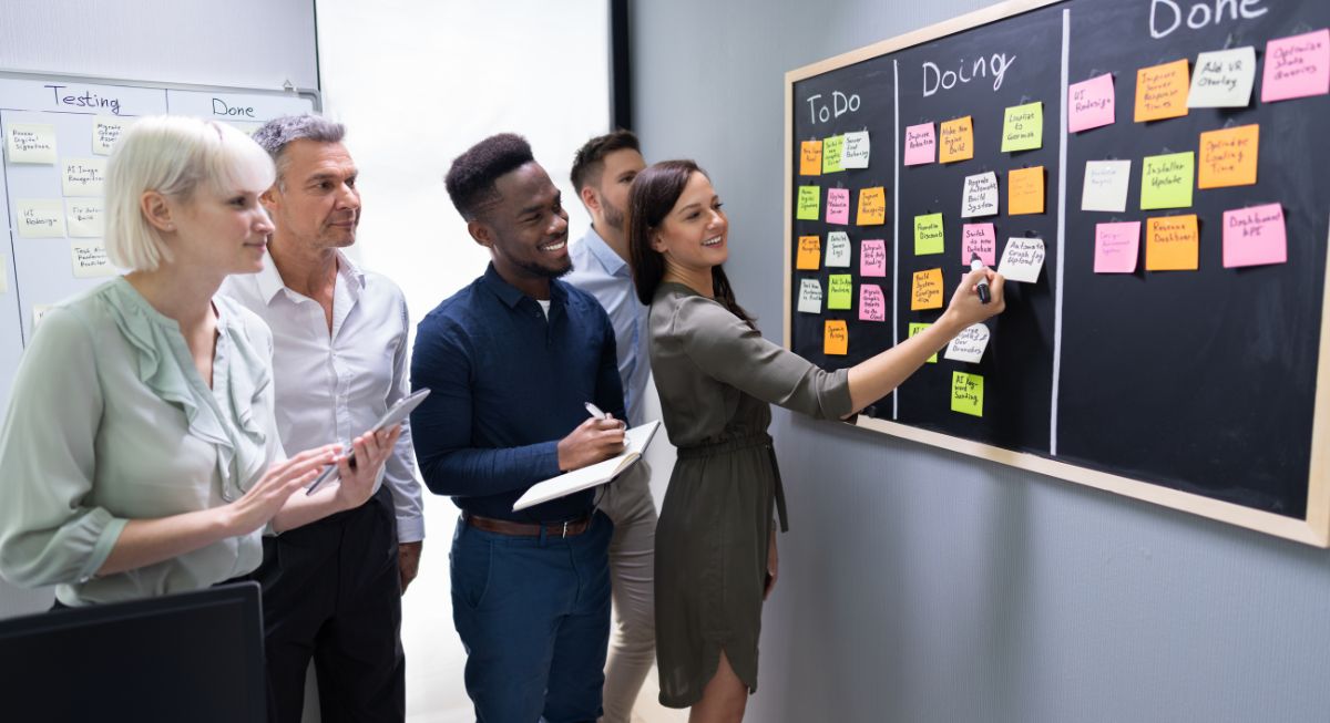 A woman writes on a kanban board and four of her colleagues look on.