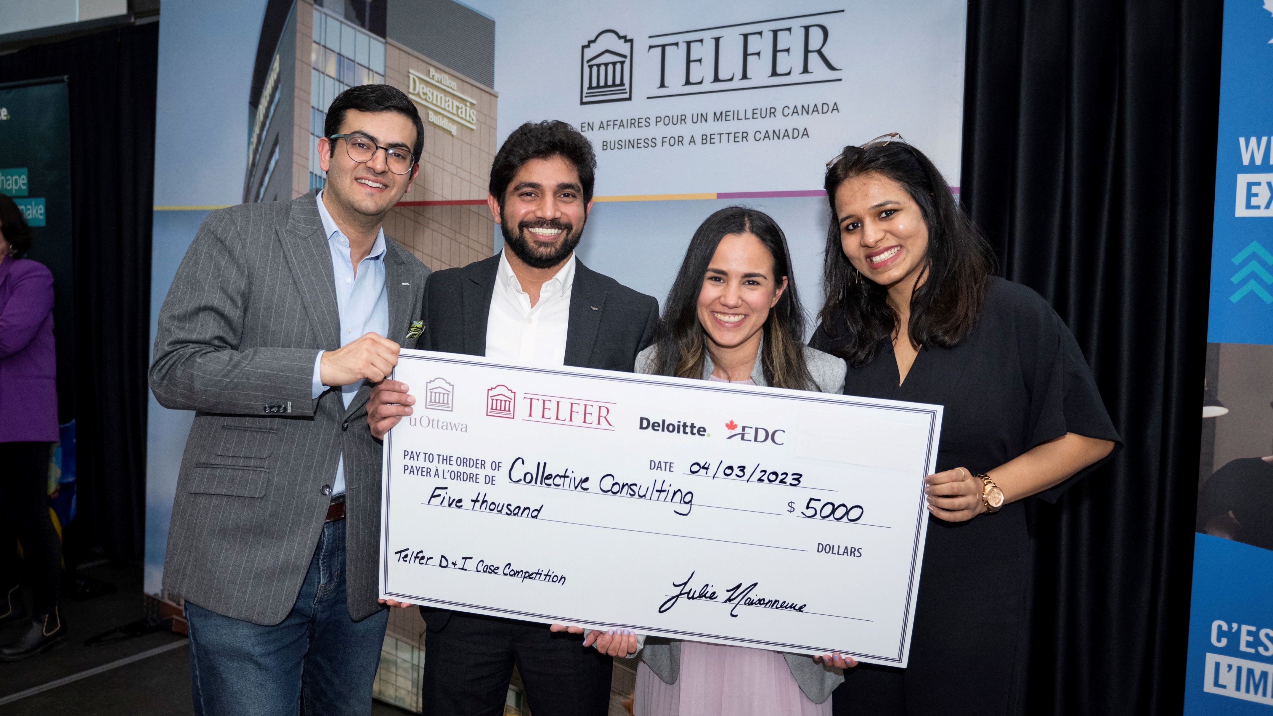 Ariana Garcia, Nishtha Baranwal, Imran Basha and Sushain Sehgal holding their cash prize cheque of $5000