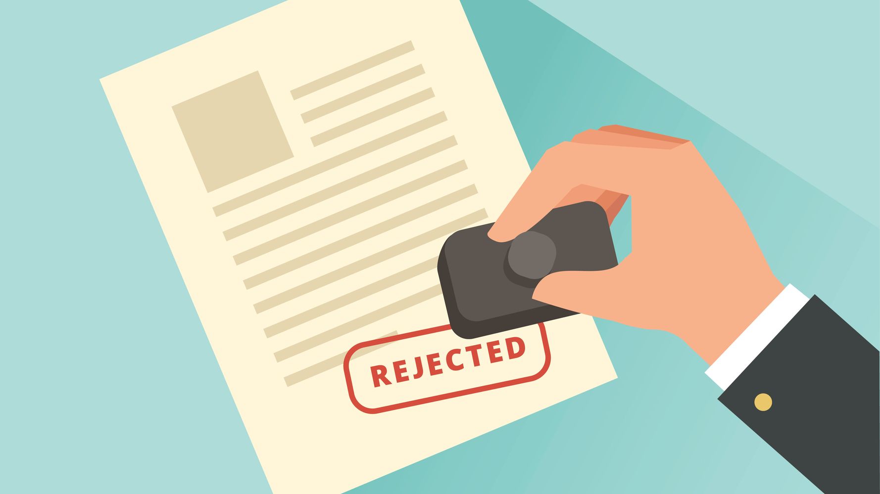 Cartoon showing a hand applying a Rejected stamp on a beige outlined piece of paper on a light green table.