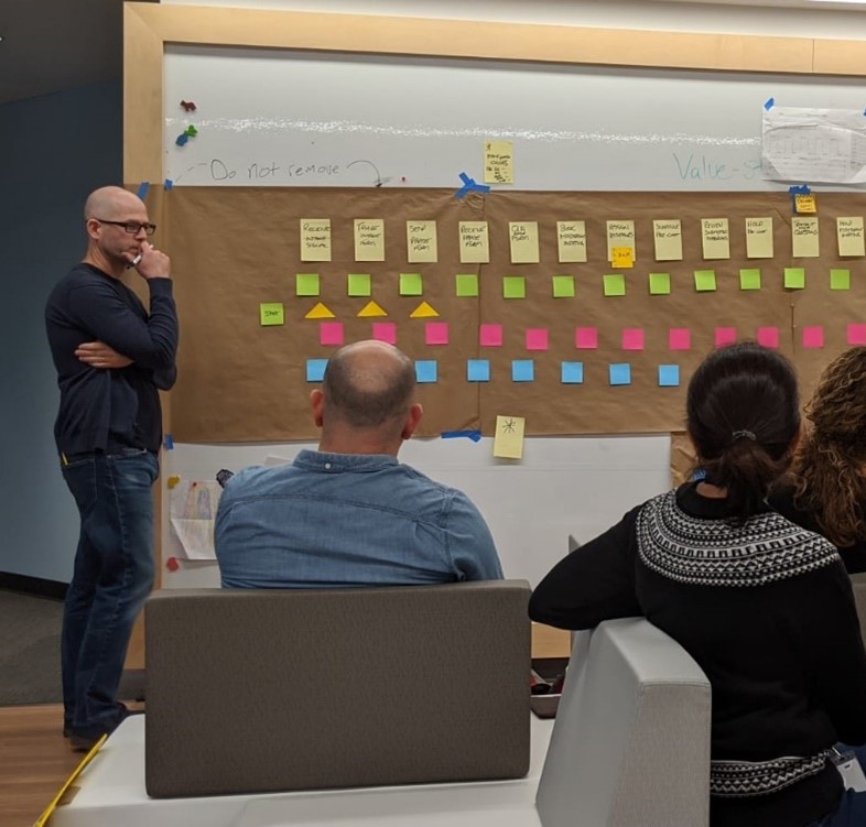 Chris Irwin stands beside a Kanban board, instructing a group of participants.