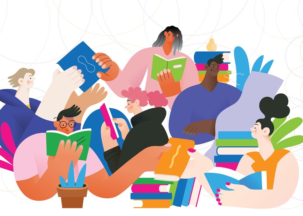 Colourful drawing of people reading books