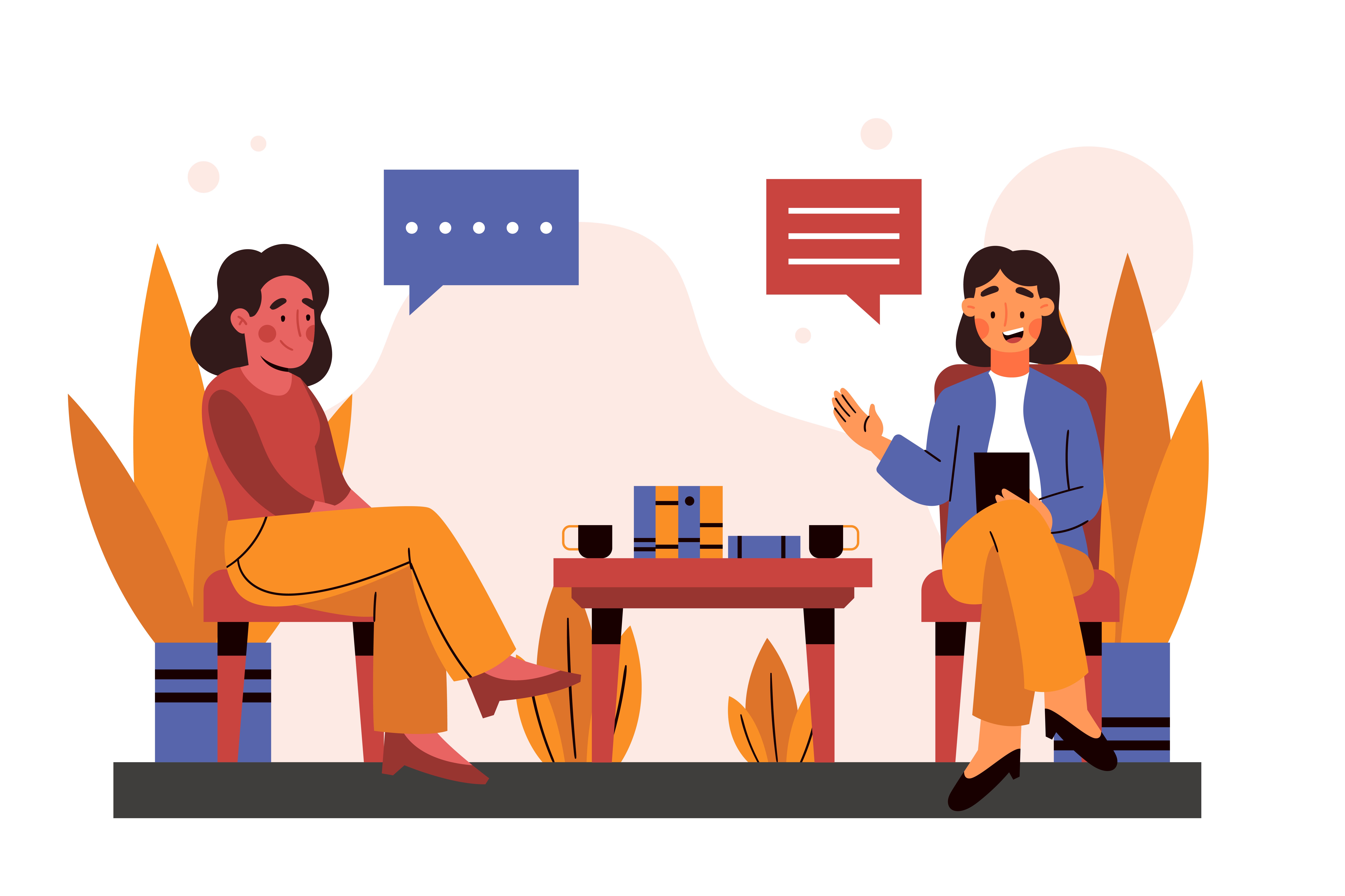 Colourful illustration of two women having a conversation