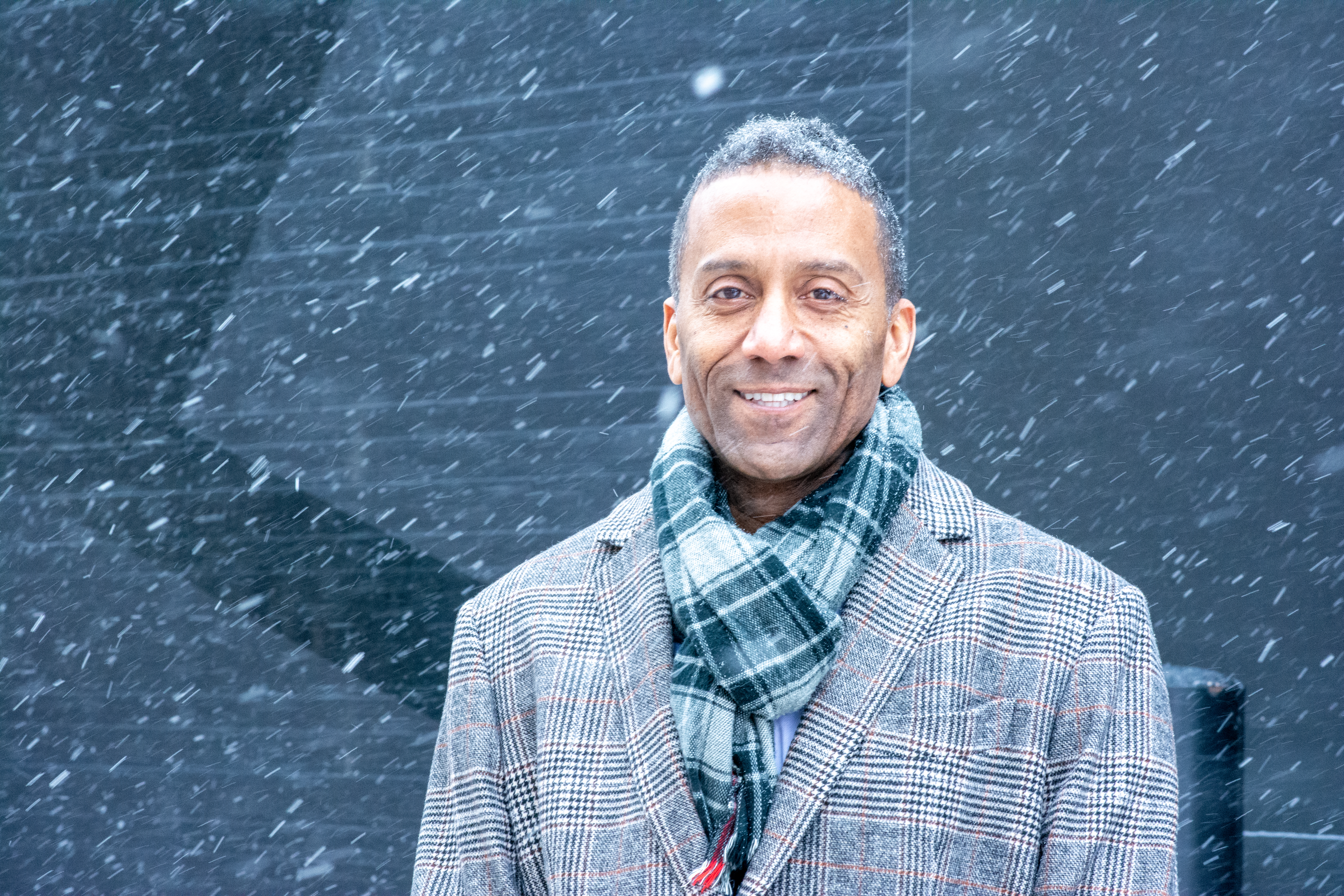 Dean Brutus, smiling, winter, outside, snowing