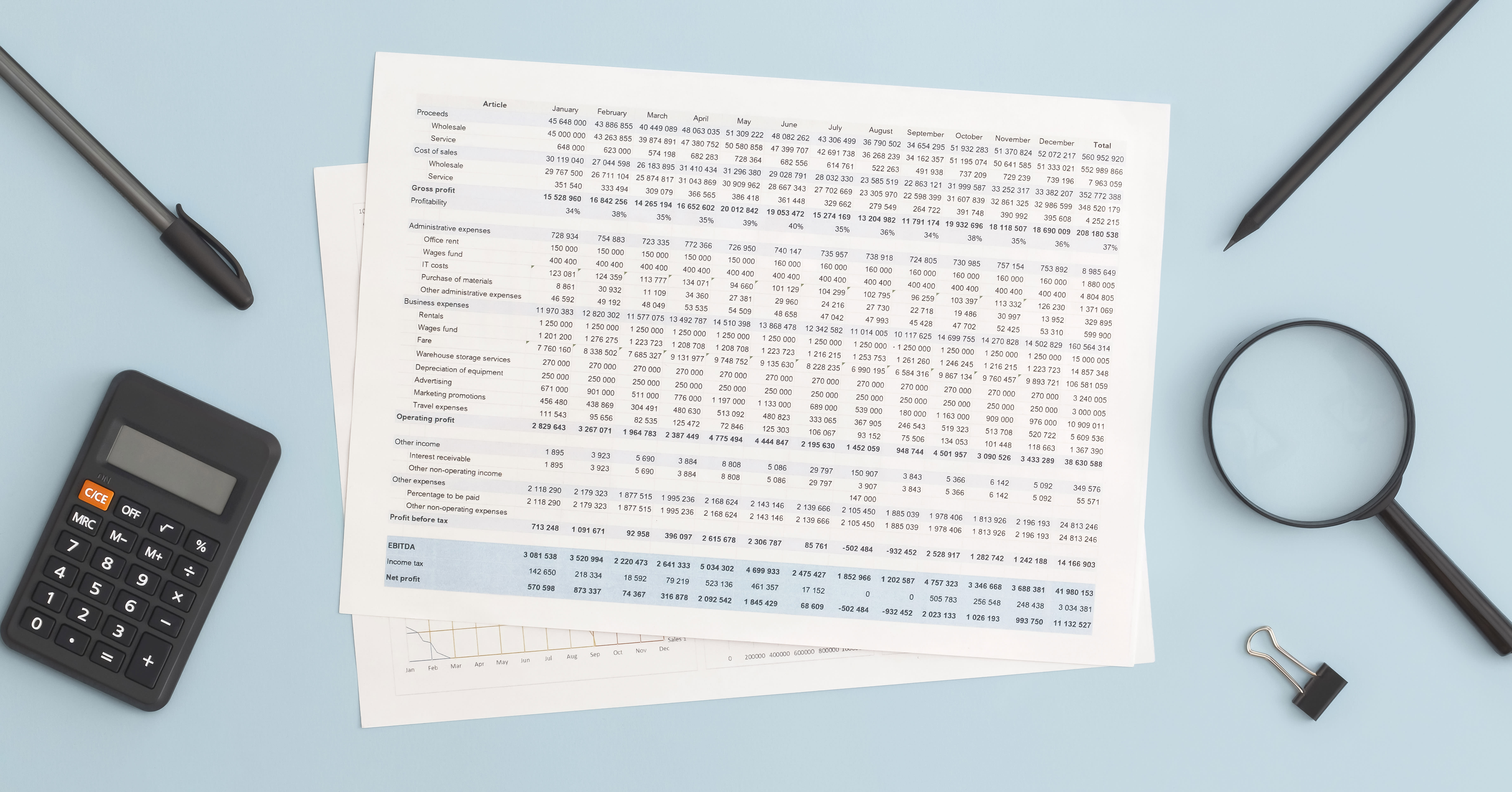 Financial statements and office supplies laid out on a light blue surface