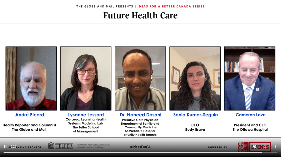 Screenshot of the virtual Future of Health Care event with The Globe and Mail, showing Cameron Love, André Picard, Lysanne Lessard, Dr. Naheed Dosani and Sonia Kumar-Seguin