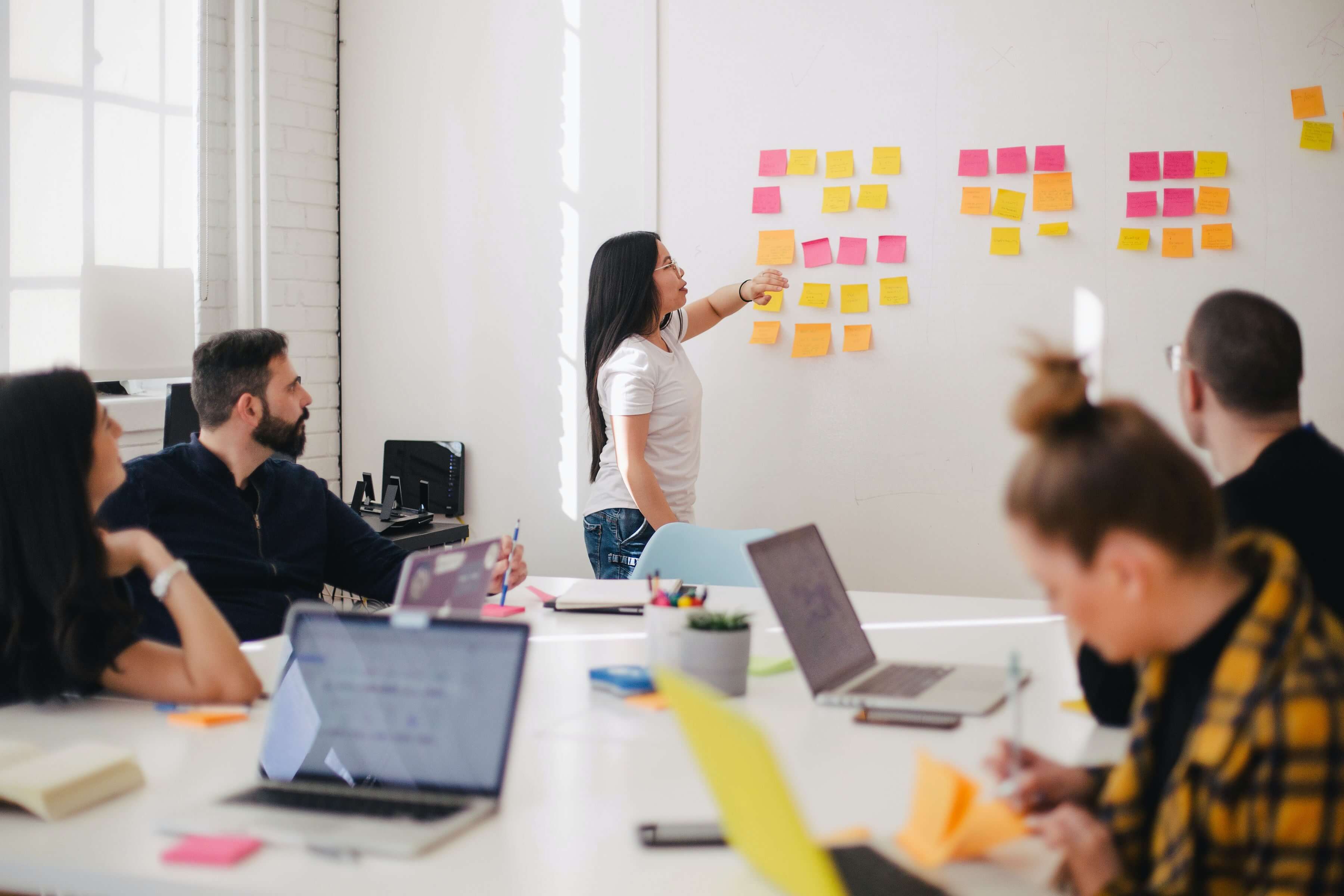 MBA students working together in a meeting room.