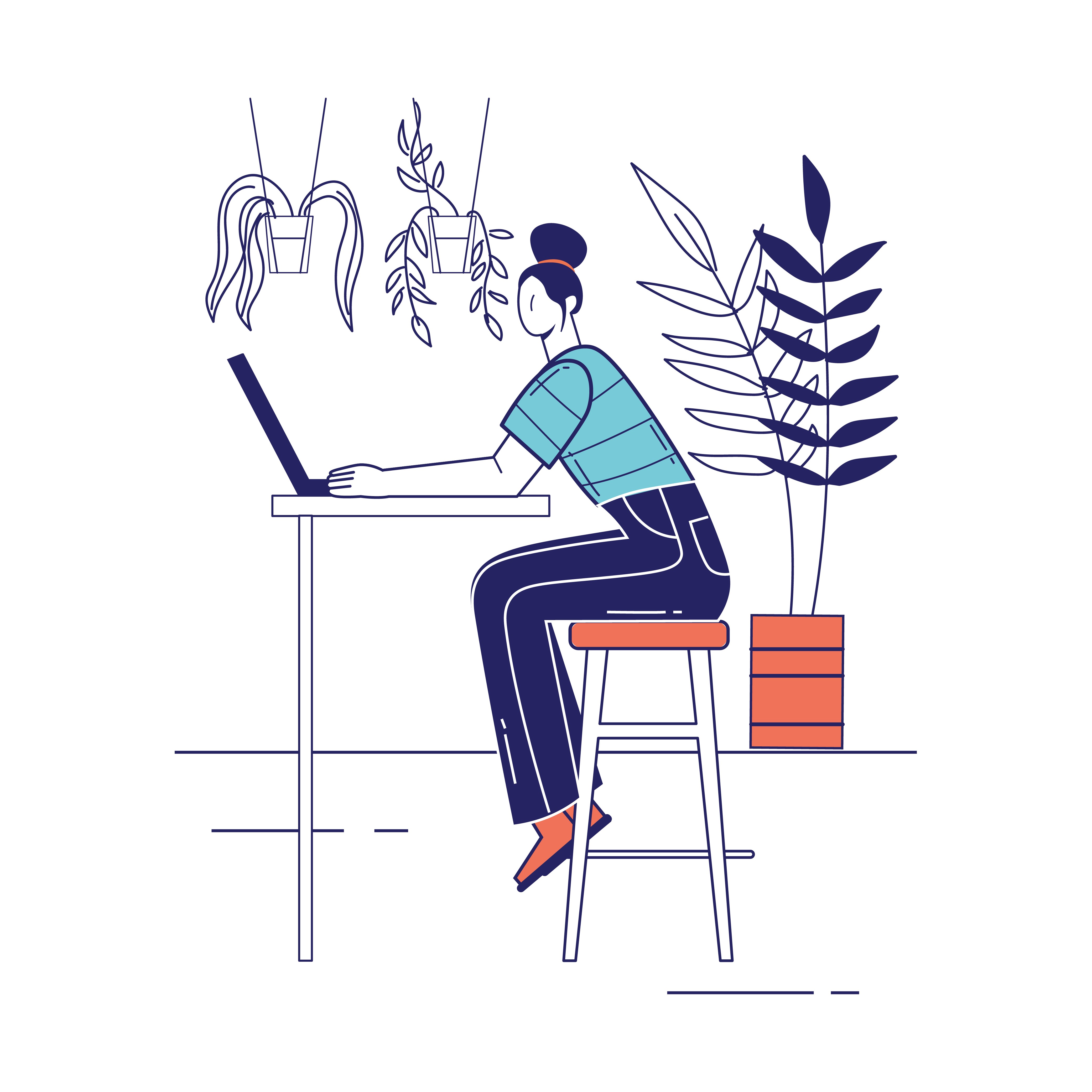 Person working at a computer surrounded by plants