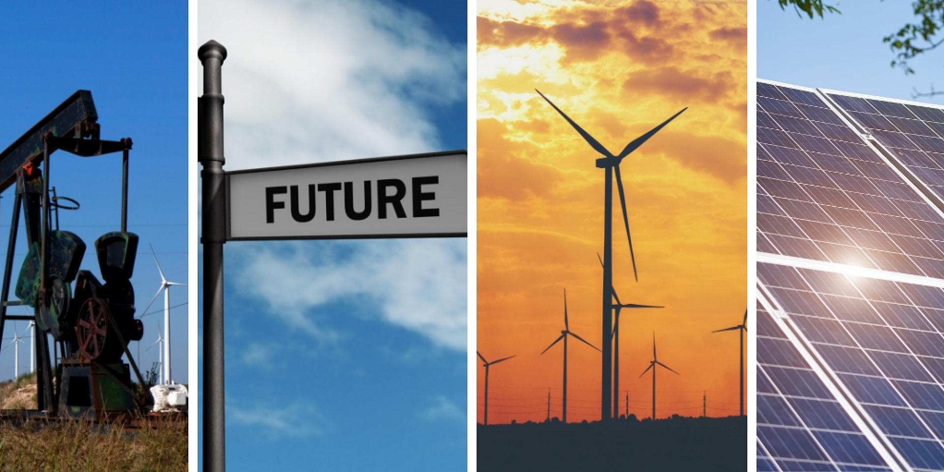 Representation of Fossil Fuel through solar panels and wind turbines