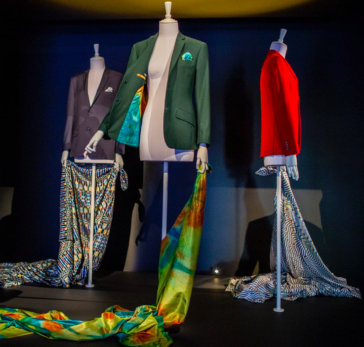 Suit and Silk scarves on mannequins made by Nathon Kong