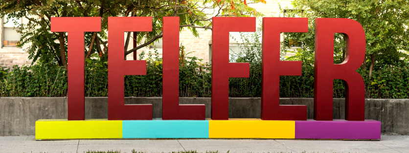 Telfer letter sign with 4-pillar colours