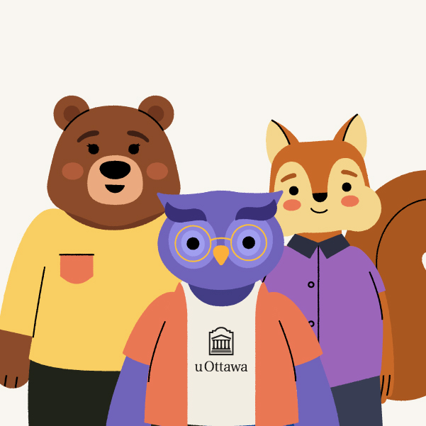 Three cartoon characters: a bear wearing a yellow t-shirt, a purple owl and a squirrel wearing a purple button-down