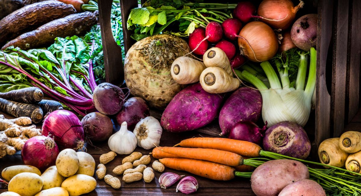Top view of different roots vegetables on a dark wood table.