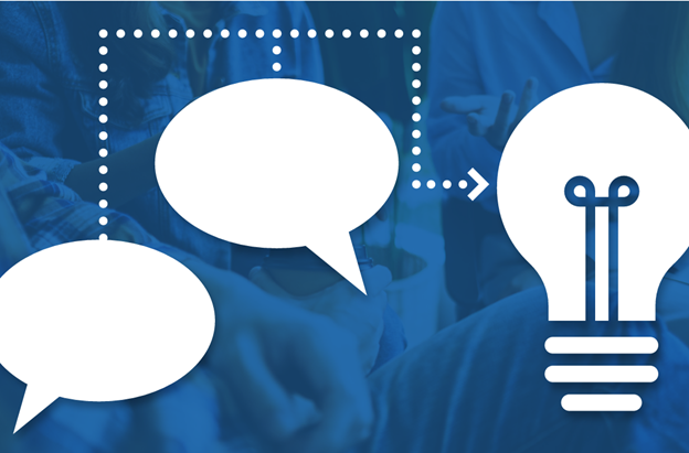 Two speech bubbles and a lightbulb on a blue background