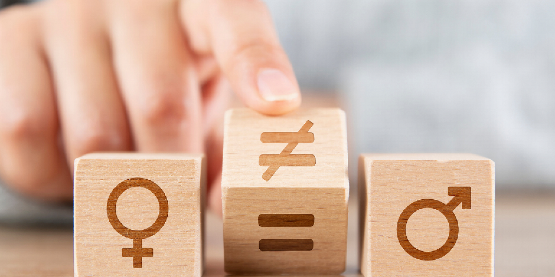 Two wooden cubes showing symbols of gender equality