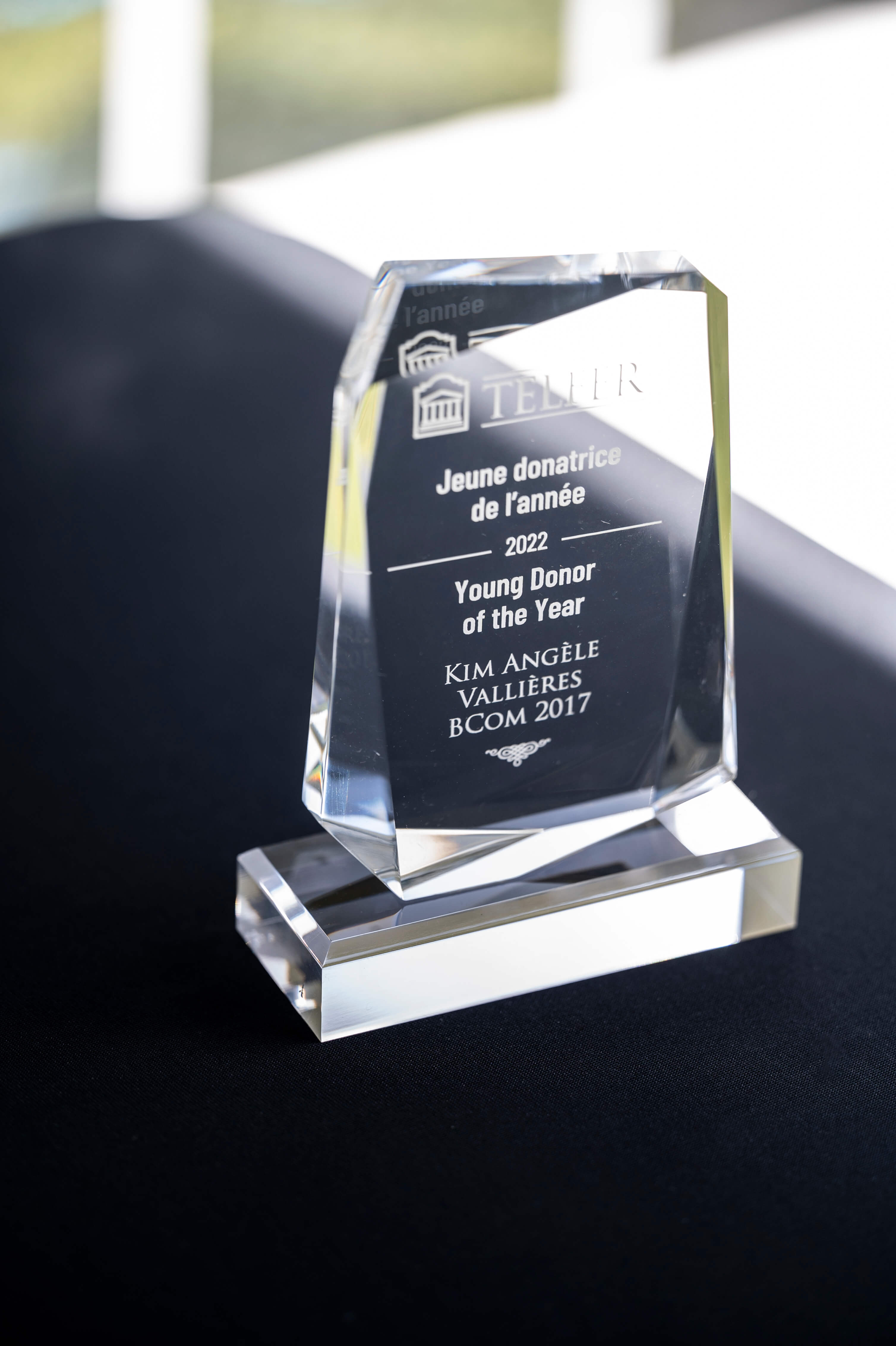 Young Donor of the Year Award engraved with title and name: Kim Angéle Vallières, BCom 2017